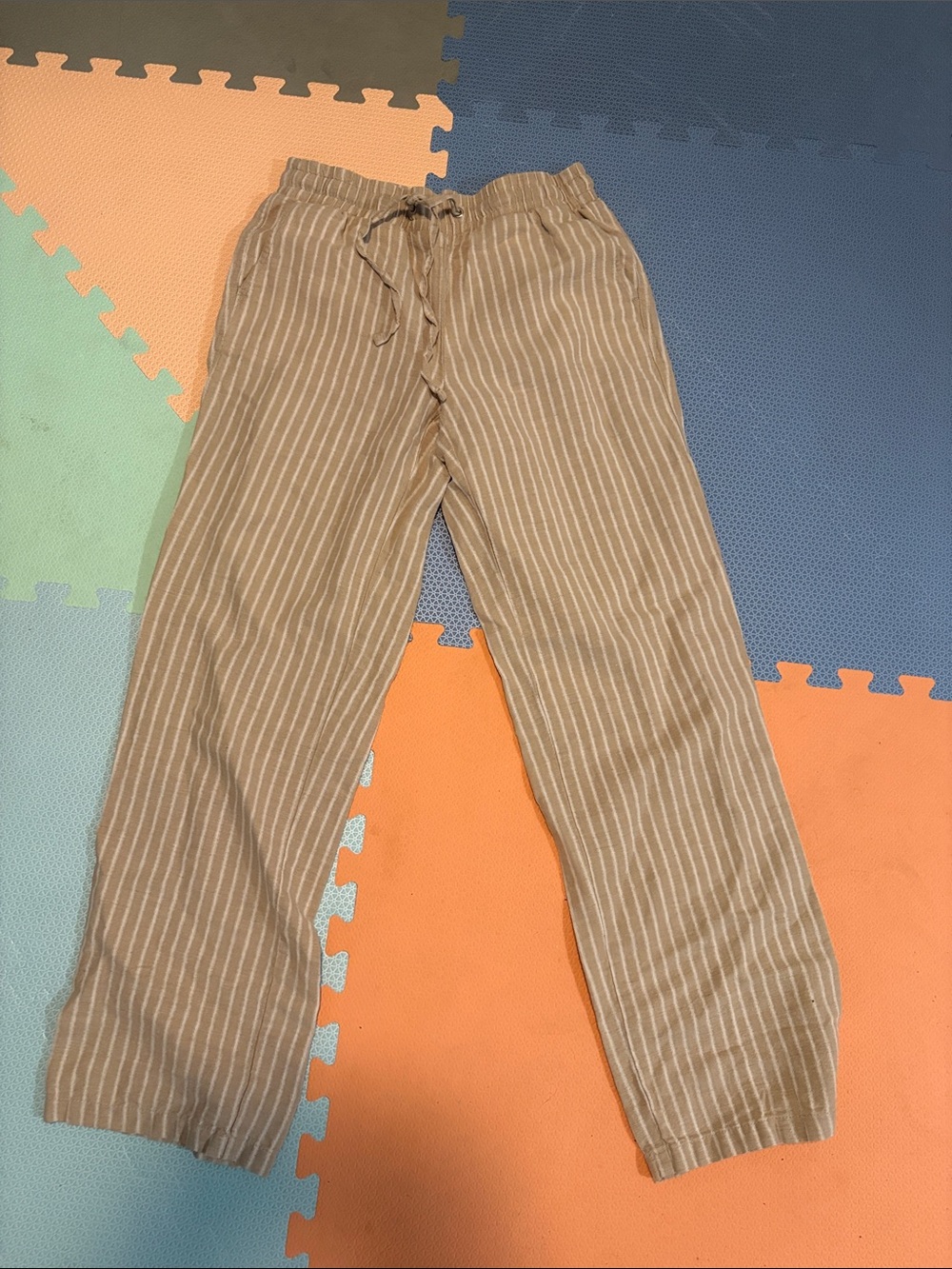 Amazon Essentials Women’s Tan and White Striped Drawstring Linen Pants